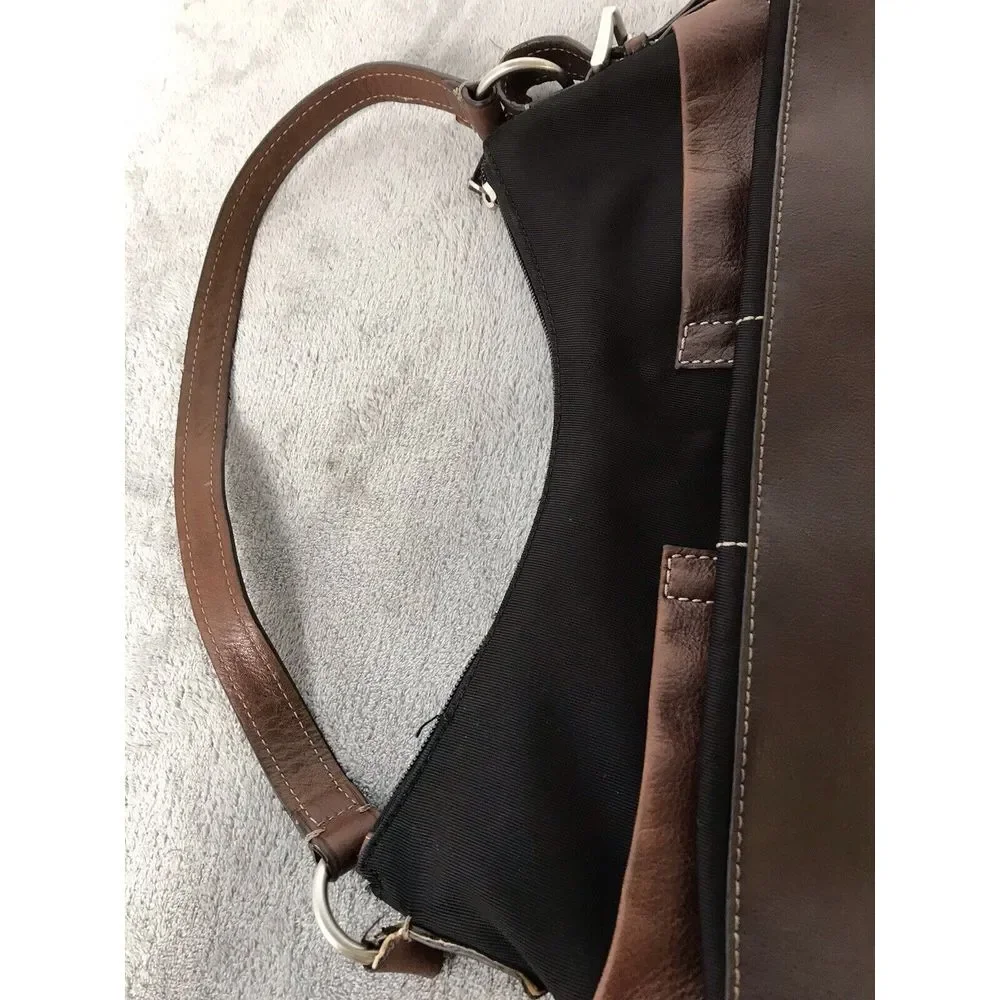 Fossil‎ Tan Black Nylon Leather Trim Shoulder Bag Handbag Hobo Purse READ